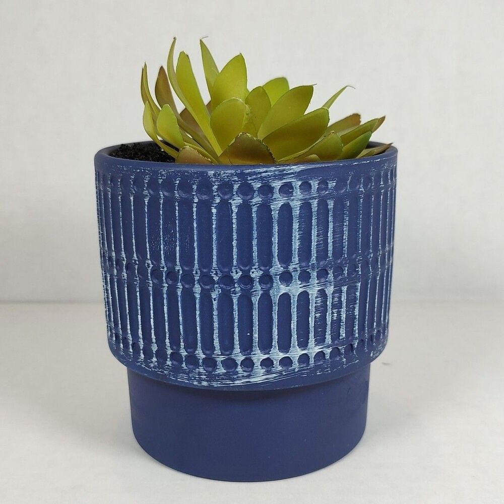 Artificial Fake Succulent Plant Blue Textured Ceramic Planter Whitewashed Desk - Picture 5 of 10